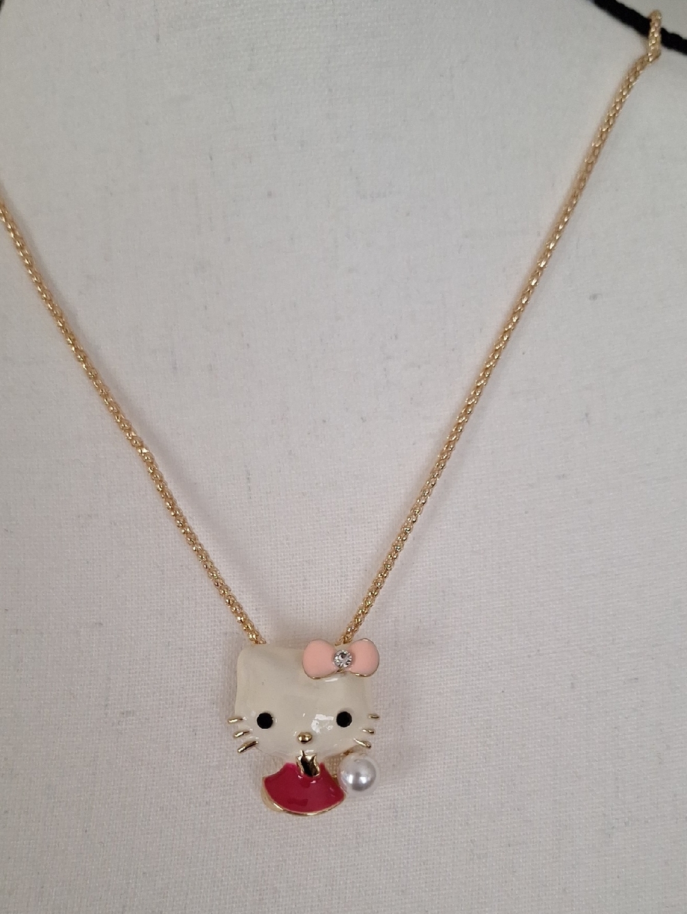 Gold Chain Necklace with Cute Cat Pendant - Pink Bow & Red Dress